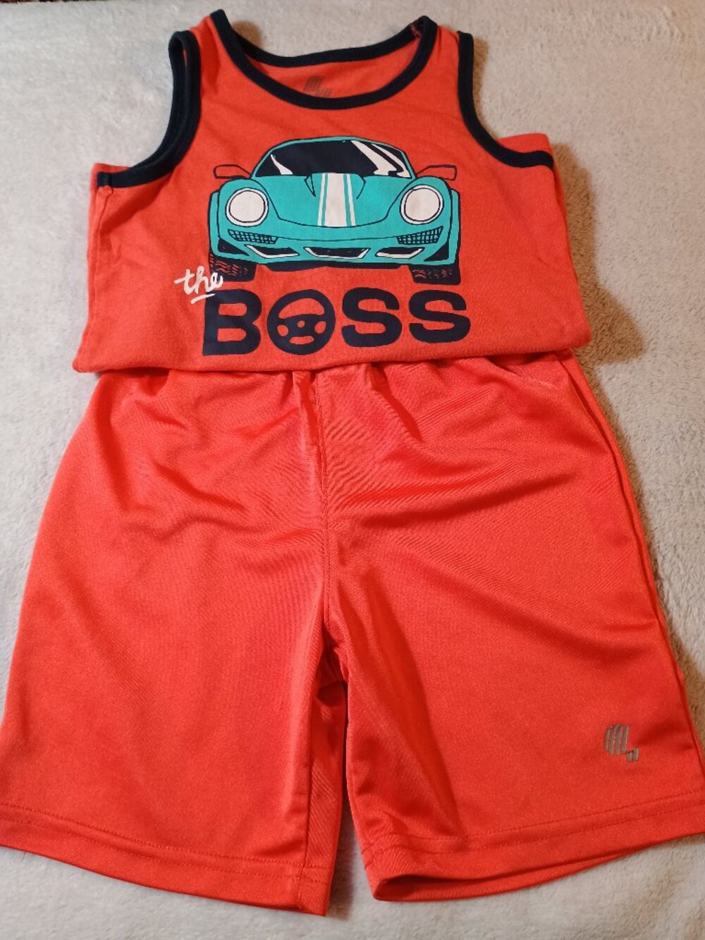 VGUC: Children's Place Sz 4T Orange Boss Race Car Tank Top & Shorts Outfit Set